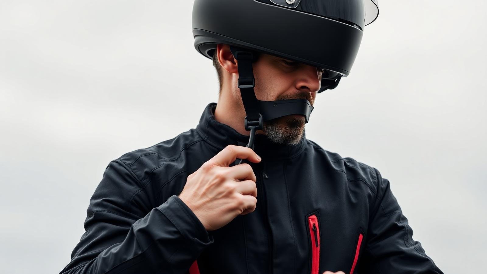 Motociclista afivelando a jugular de um capacete fechado preto fosco
